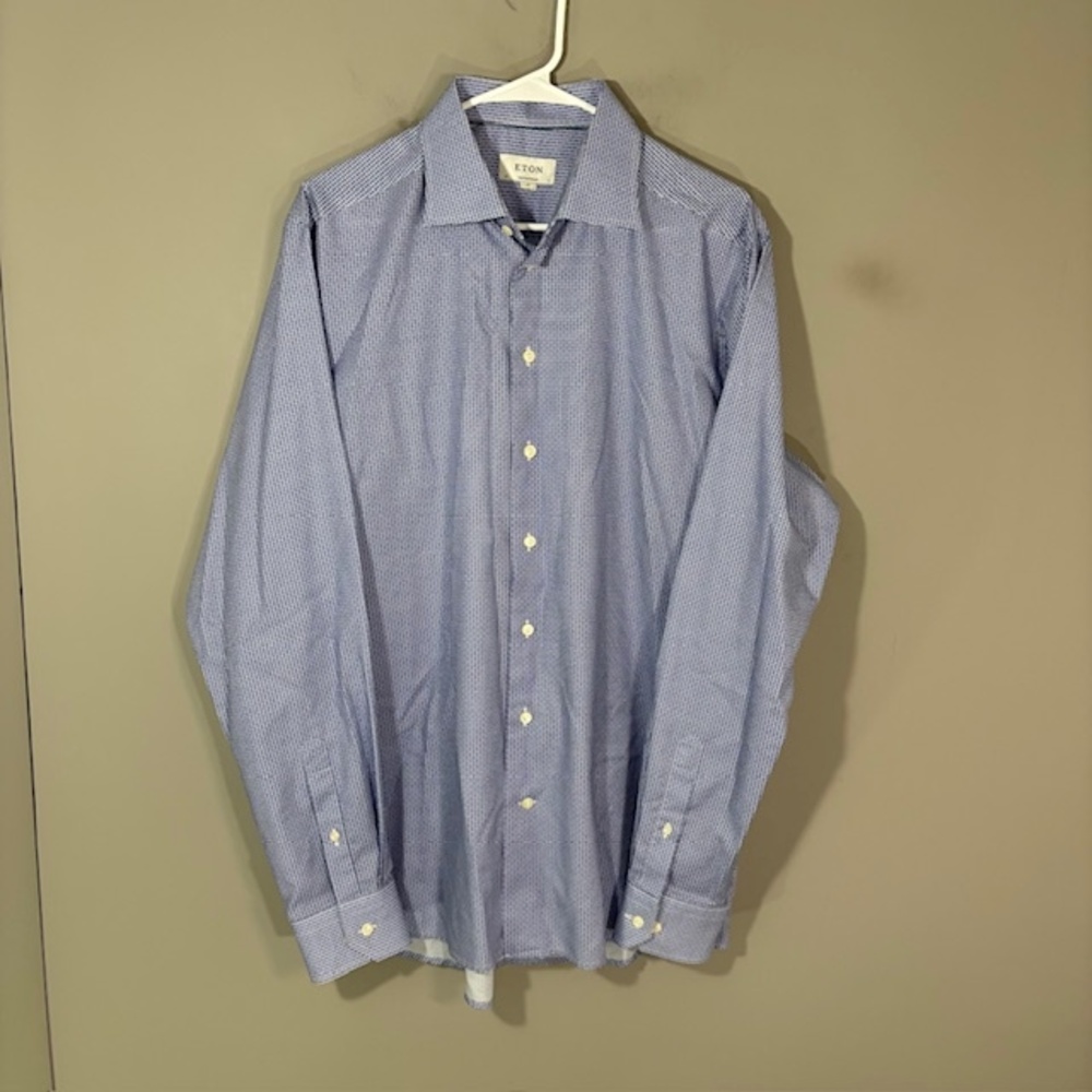 Eton Shirt Mens 17 43 Blue Geometric Slim Fit 100% Cotton Dress Long Sleeve